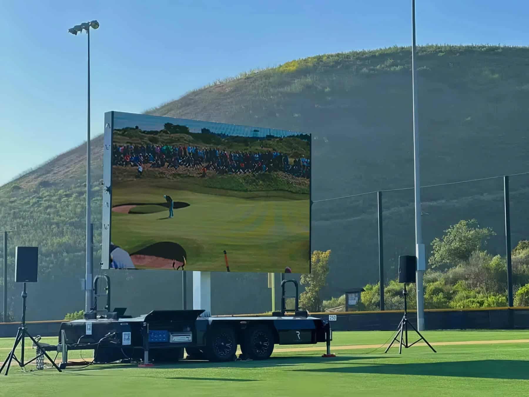 MOBO LED screen trailer in golf live broadcast with M15 full range speaker